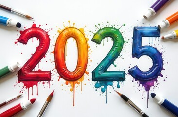 New Year's numbers 2025 painted with paints on a white sheet, 3D visualization, top view