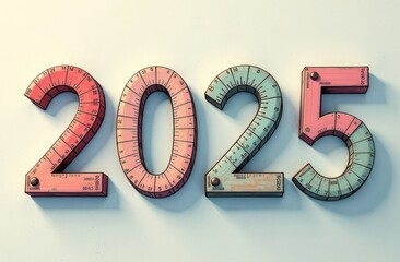 New Year's numbers 2025 made of wood, painted in the form of a measuring ruler 3D visualization