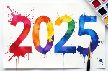 New Year's numbers 2025 painted with watercolors on a white sheet