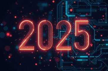 New Year's numbers 2025 in neon shades glowing, computer technology, matrix background
