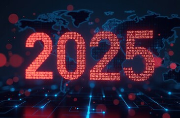 New Year numbers 2025 computer and matrix technology, world map background