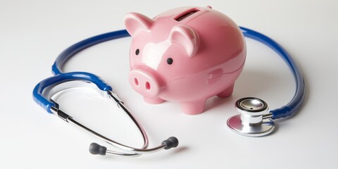 Piggy bank and stethoscope on a white background illustrate the concept of health care costs. This image embodies the financial state condition and emphasizes the importance of a financial system