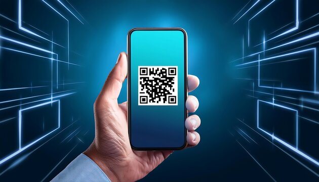 A hand holds a phone displaying a QR code against a tech background.