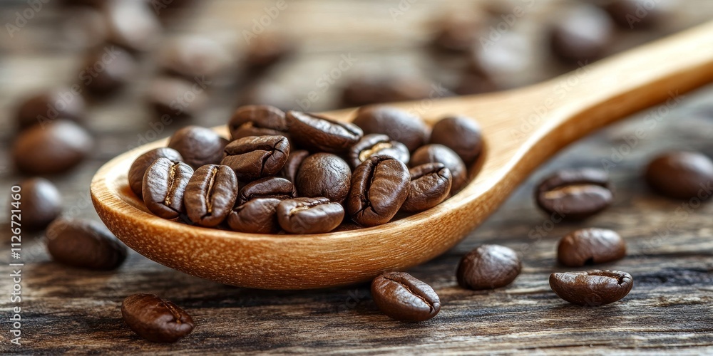 Poster Coffee beans displayed in a wooden spoon resting on a rustic wooden table highlight the rich texture and color of the coffee beans, inviting you to enjoy the essence of coffee beans.