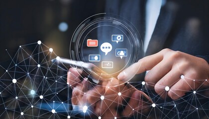 A person holds a smartphone; communication icons and a digital globe appear above.