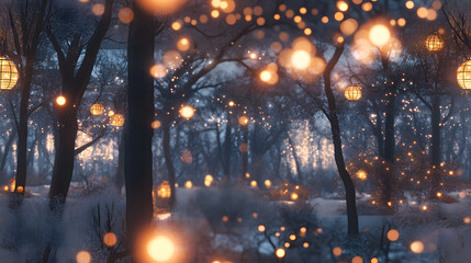 Enchanting Winter Forest Illuminated By Glowing Lanterns