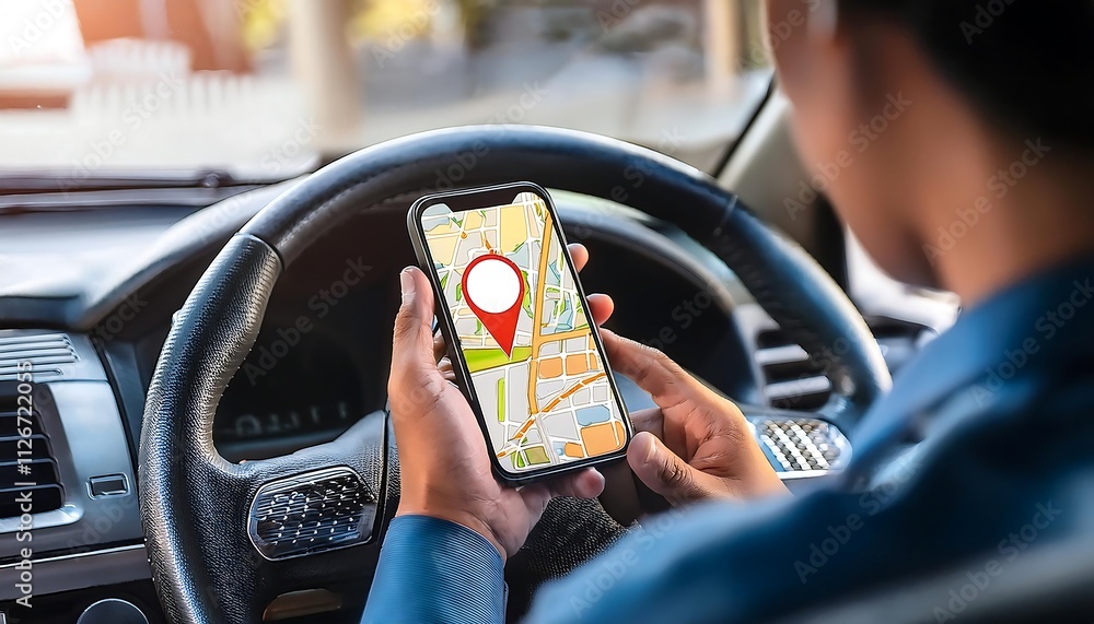 Poster a person is holding a smartphone with a map application open while sitting in a car.