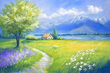 Fototapeta premium illustration of beautiful landscapes with mountains and lakes in watercolor, aquarelle look pencil art Countryside village landscape with church and houses illustration, design, vector, nature, travel