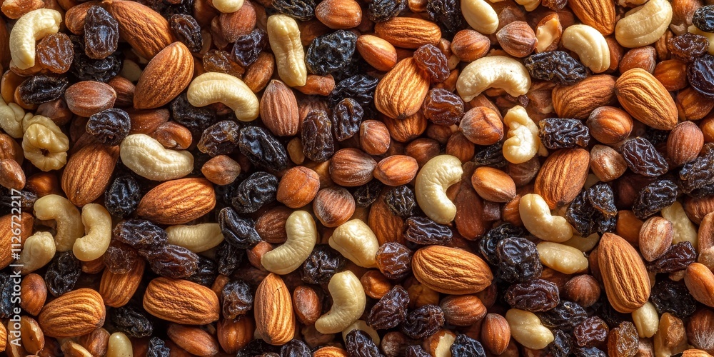 Poster an assortment of various nuts and raisins is beautifully displayed from a top view, highlighting the