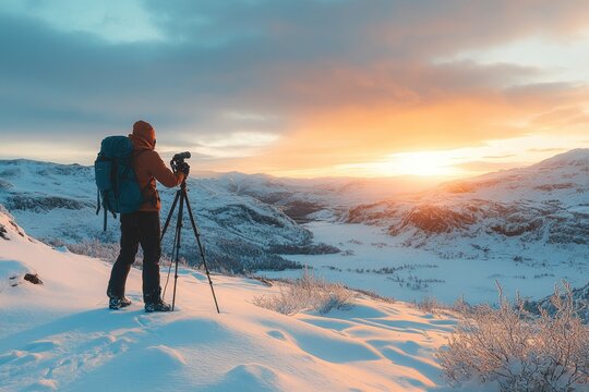 Photographer taking pictures of winter mountain landscape at sunset