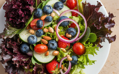 Fresh salad with mixed greens, berries, nuts, and vegetables served in a white bowl