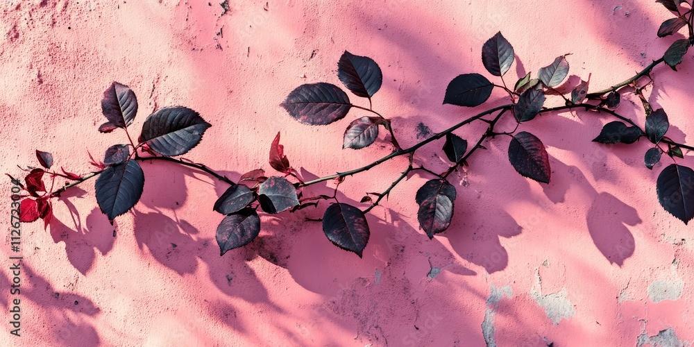 Poster shadows of rose leaves create an intriguing pattern on a textured pink concrete wall, showcasing the