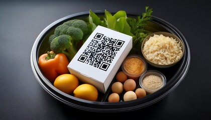 A variety of food trays, such as broccoli, bell peppers, lemons, eggs, greens, noodle bowls, sauce containers, and boxes with QR codes.