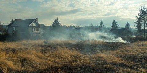Fototapeta premium Burning grass creates smoke near residential areas, highlighting the impact of grass burning. This scene captures the effects of burning grass and the resulting smoke near homes, raising awareness.