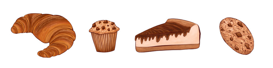 A croissant, muffin, cheesecake slice, and cookie aligned in clean composition. Illustrated desserts in warm tones and realistic details. Great for bakery advertisements, packaging, culinary designs