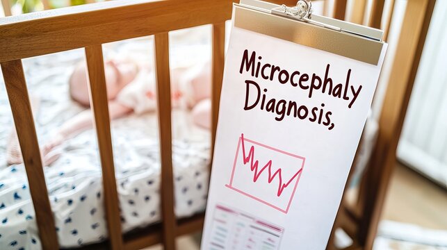 Infant in crib near a sign about microcephaly diagnosis, creating a thoughtful and serious mood.