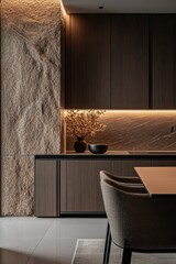 Contemporary Dining Room with Natural Stone Accent Wall
