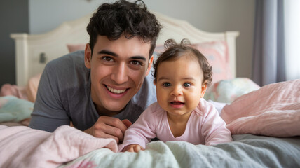 Obraz premium A joyful young Caucasian man and his adorable baby girl play together in a cozy bedroom, capturing a heartwarming moment full of love and laughter.