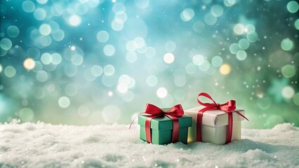 Festive Teal and White Presents on a Snowy Background with Sparkling Lights