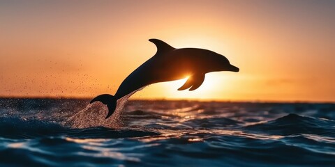 Fototapeta premium A dolphin leaps gracefully from the water against a vibrant sunset, creating a stunning silhouette in the tranquil ocean.