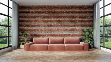 Modern industrial living room interior, brick color long sofa, wall mockup, backyard view through windows