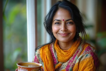 Smiling indian woman holding a cup of masala chai tea by the window