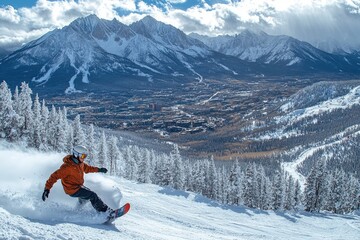 Snowboarder enjoying a sunny day at a ski resort in the mountains