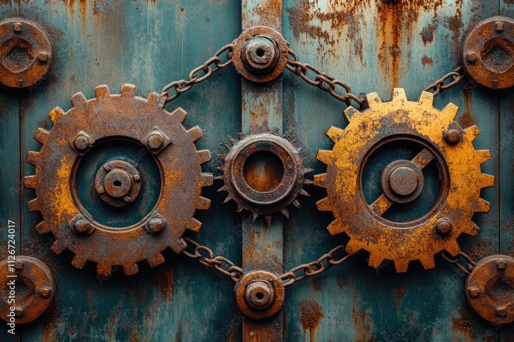Poster rusty gears and chains creating a steampunk composition on metal background