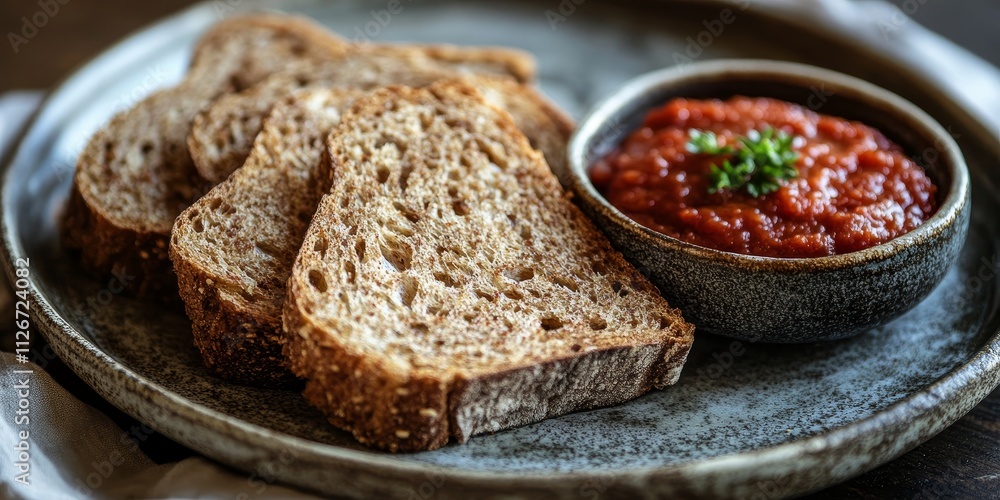 Poster slices of rye bread arranged on a plate alongside rich tomato sauce, creating a delightful culinary 