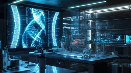 A computer lab with a large screen on the wall. The screen is blue and has a DNA strand on it