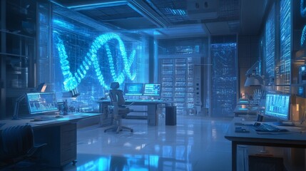 A computer lab with a blue background and a large DNA strand. A robot is sitting at a desk in the middle of the room