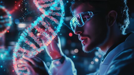A man wearing a lab coat and goggles is looking at a DNA strand. He is holding the strand in his hand
