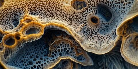 Microscopic image showcasing a fungus, revealing intricate details and textures of the fungus through photo editing techniques for enhanced visual impact. Explore the beauty of fungus up close.