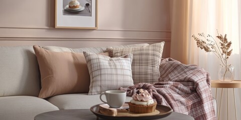 Fototapeta premium Cozy home corner featuring a modern sofa adorned with pillows, a plaid blanket, a cup of coffee, and a cake on a tray, complemented by a picture frame. The living room interior boasts pastel colors