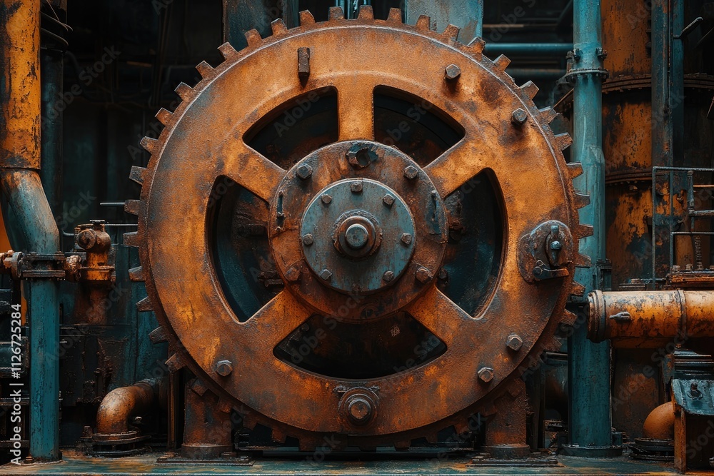 Poster large rusty gear rotating in industrial factory setting