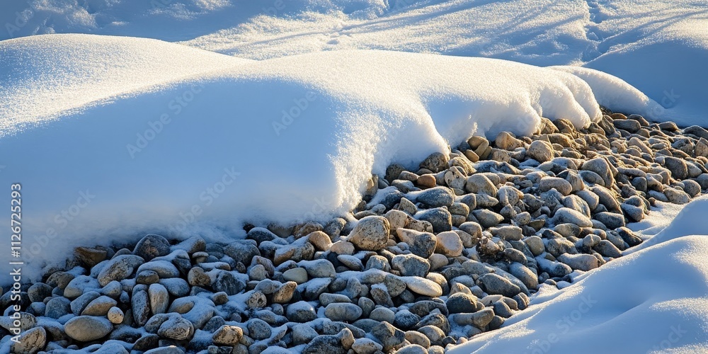 Aufkleber Snow flows gracefully over a mound of crushed pebbles, creating a beautiful contrast between the soft snow and the rugged surface of the crushed pebbles. The snow flows enhance the scene s aesthetics.
