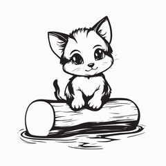 Cute Little Kitten Sitting Peacefully on a Wooden Log in the Forest Vector Illustration Design