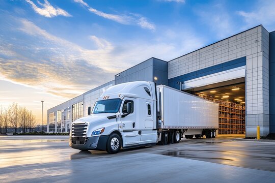 White freightliner cascadia semi-truck parked at distribution center for delivery or shipment