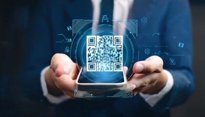 Hands hold a smartphone scanning a QR code; digital icons surround it.