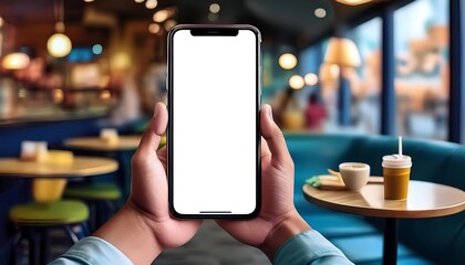 Person holds smartphone with blank screen in cafe, drinks and pastries nearby.