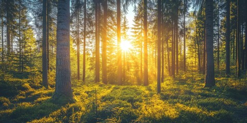 Fototapeta premium Stunning sunset and sunrise cast beautiful sunshine in a sunny spring forest. Sunlight and sunbeams filter through coniferous trees, creating a captivating forest landscape filled with light.