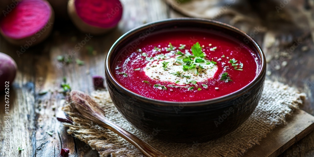 Poster classic beetroot soup presented on a rustic wooden table, showcasing the vibrant color and texture o