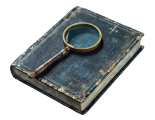 Vintage book with magnifying glass, isolated on transparent cutout background

