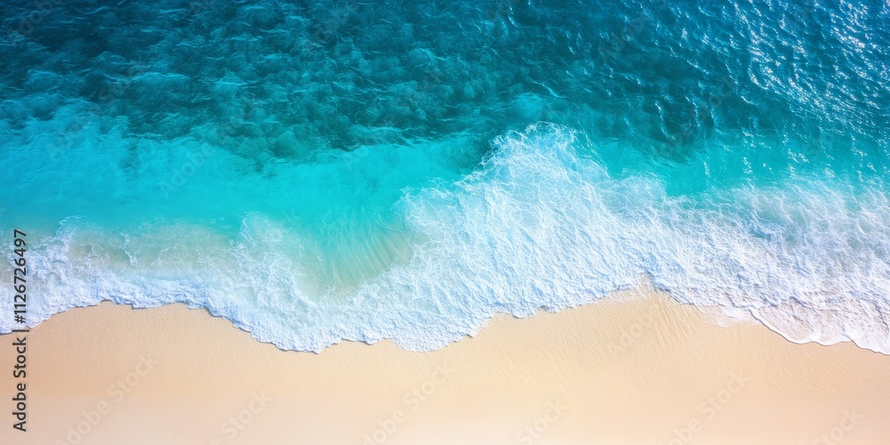 Poster top view of a tropical beach displaying a stunning blue sky, perfect for creating a serene backgroun
