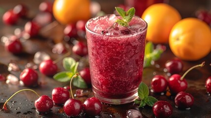Refreshing Cherry and Orange Summer Cocktail with Ice and Mint, Close-up on Dark Background