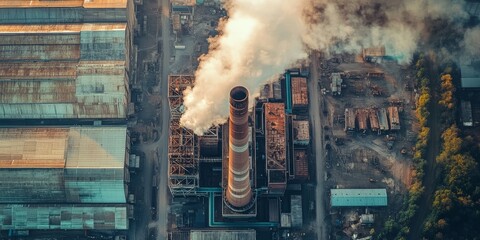 Aerial view of an urban factory showcasing a chimney and cooling tower, highlighting concerns about environmental pollution and air pollution associated with such industrial structures.