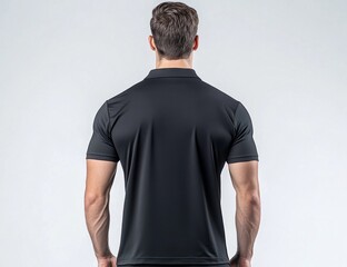 Stylish Back View of a Man in a Black Polo Shirt - Fitness Apparel