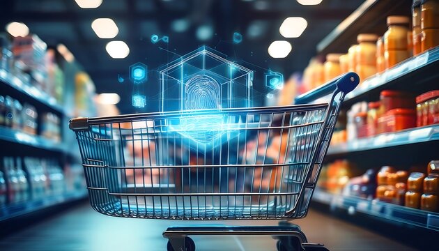 shopping cart in a futuristic grocery store aisle with a holographic interface above it.