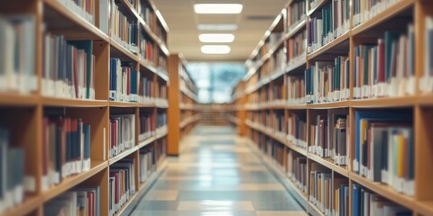Blurred school library featuring bookshelves, creating an educational background ideal for various educational themes. This school library scene emphasizes the importance of learning and knowledge.