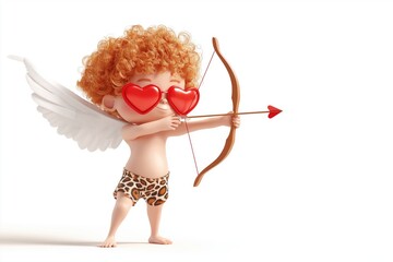 Obraz premium cute baby cupid with ginger curly hair wearing heart-shaped glasses and leopard shorts aiming with his bow and arrow